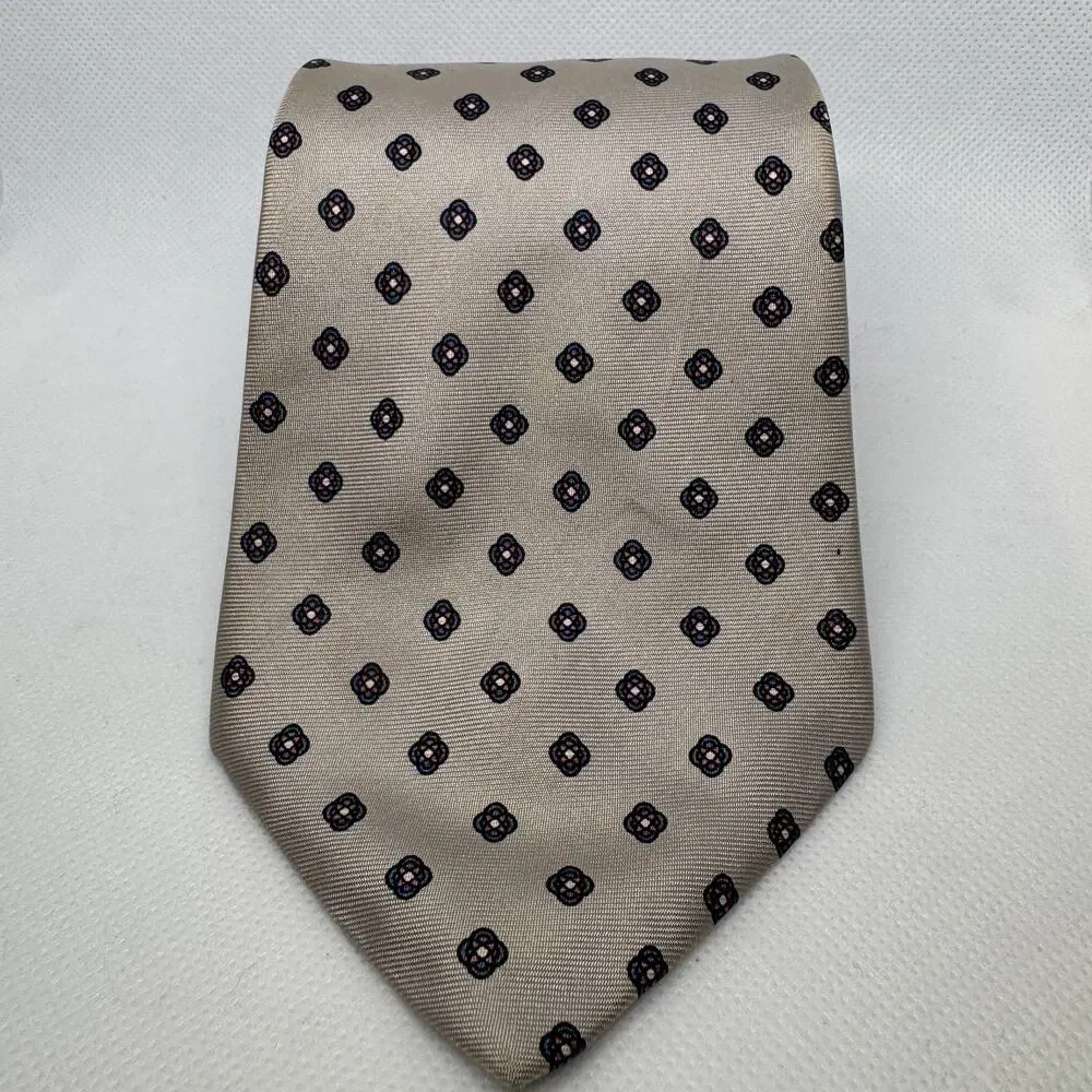 G. Galvani Men's Tie 100% Silk Beige Navy Foulard Medallion Made In Italy